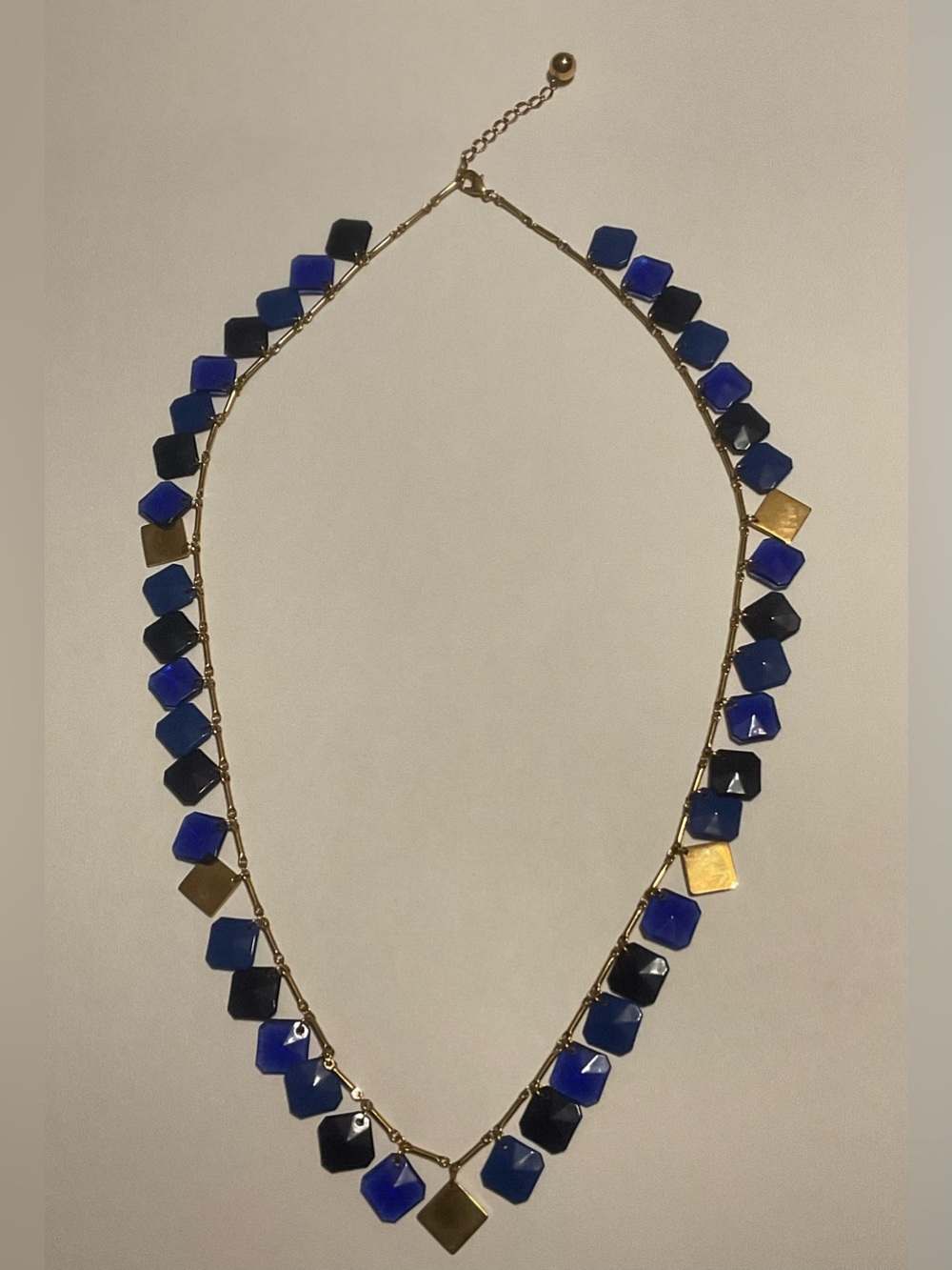 Blue Square Beaded Charm Pendant Necklace Gold Tone Cable, 34 in